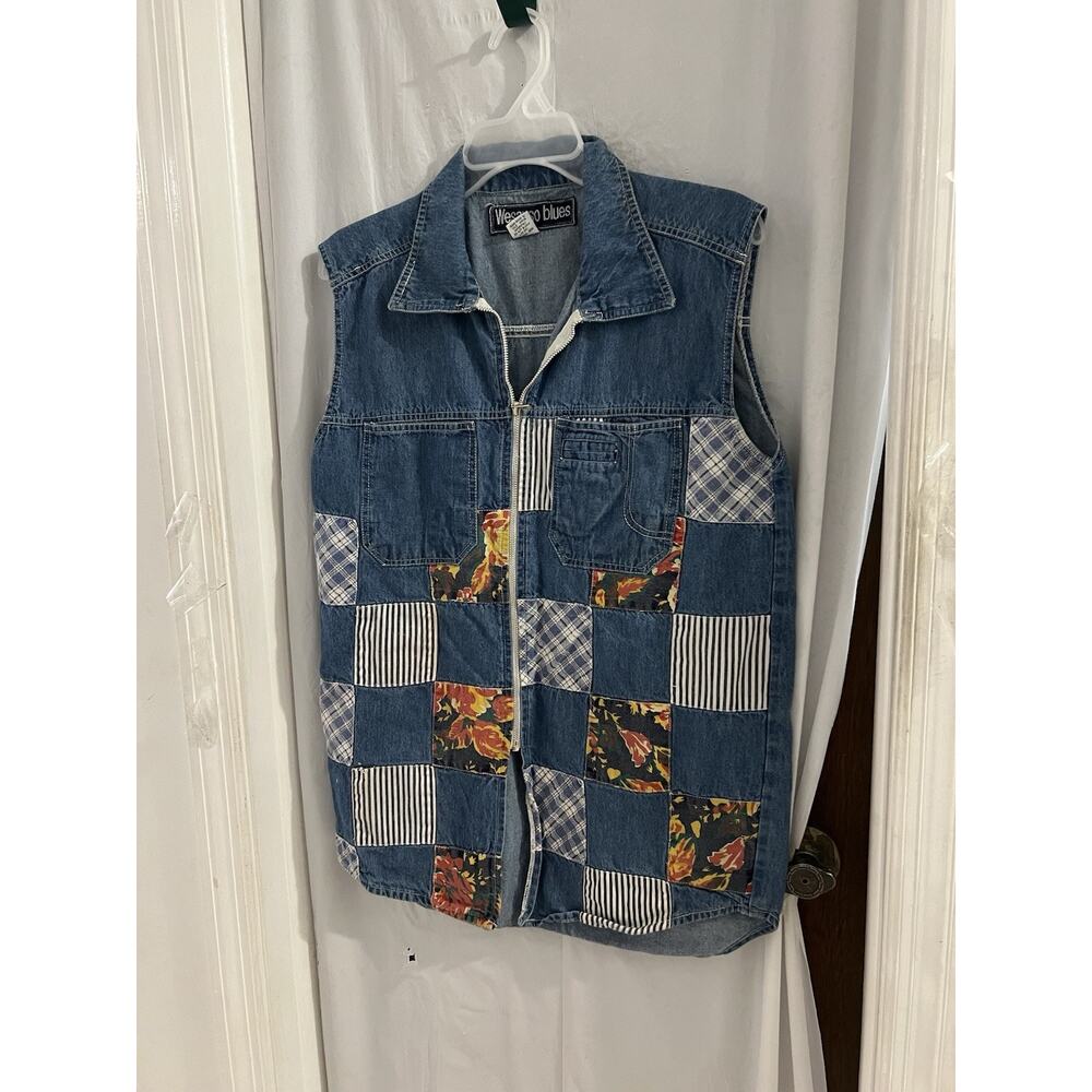 Wesayso Blues Vintage Patchwork Full Zip Denim Vest Sz L As Is